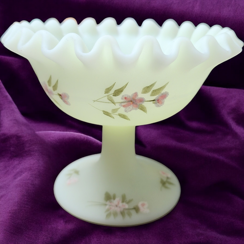 5" Fenton Pink Blossoms On Frosted Yellow Satin Milkglass Round Compote