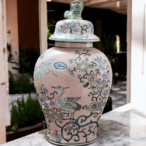 Japanese Porcelain Ginger Jar with Foo Dog Lid Hand-Painted and Decorated in Macau