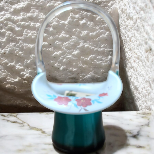 7" Fenton Art Glass Teal Overlay Hand Painted Hat Basket Vase