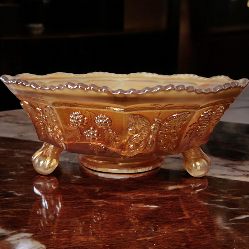 8" Fenton Art Glass Butterfly and Berry Golden Marigold Carnival 3-Toed Footed Bowl