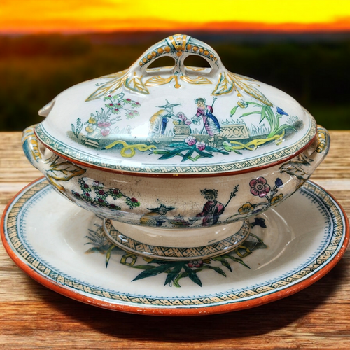 Edge Malkin & Co Chang White Chinoiserie Covered Serving Dish with Underplate