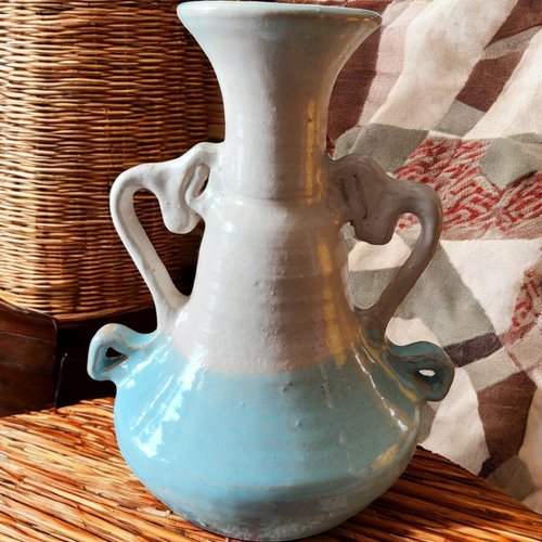 Glazed Stoneware White and Blue Handmade Pottery Vase with Handles