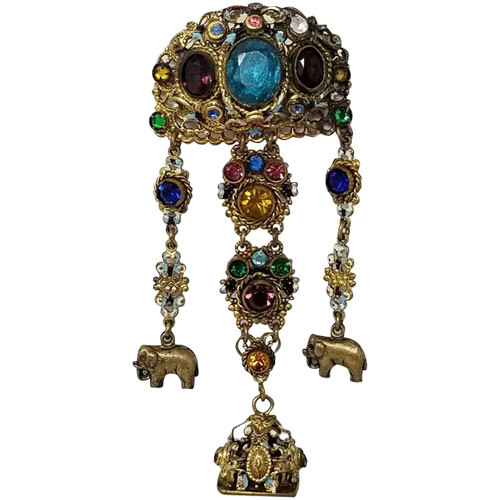 Vintage Czech Dangling Ornate Brooch with Crystals and Floral Enameling in Gold Tone