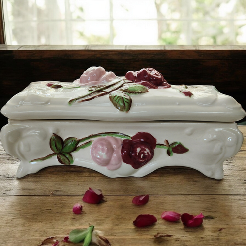 Creek Turn Ceramic Floral White and Pink Trinket Box