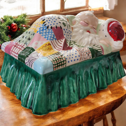 Alberta Molds Ceramic Sleeping Santa with Patchwork Quilt Trinket Box orCookie Jar