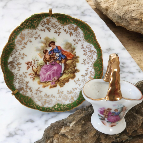 Limoges France Porcelain Hand Paint Romantic Scene Miniature Plate and Basket