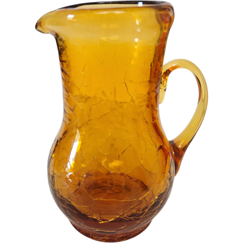 Kanawha Art Hand Blown Amber Crackled Glass Pitcher Vase