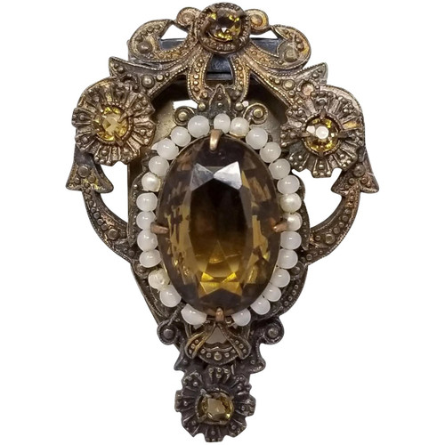 Antique Victorian Ornate Dress Clip in Brass with Seeded Faux Pearls & Prong Set Topaz Rhinestones