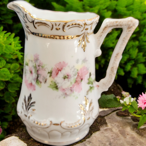 4" Bavarian Porcelain Hand-Painted Creamer Pitcher Pink and White Floral Design