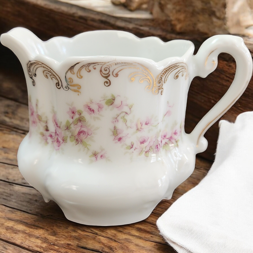 Bavarian Porcelain Hand-Painted Scalloped rim Creamer Pitcher Pink and White Floral Design