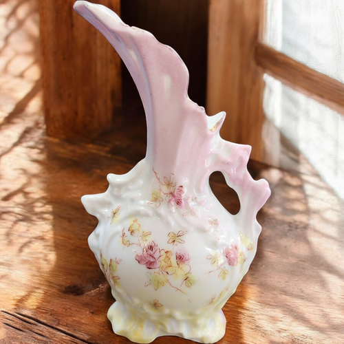 Vintage Pink Porcelain Ornate Pitcher Style Bud Vase with Floral Design