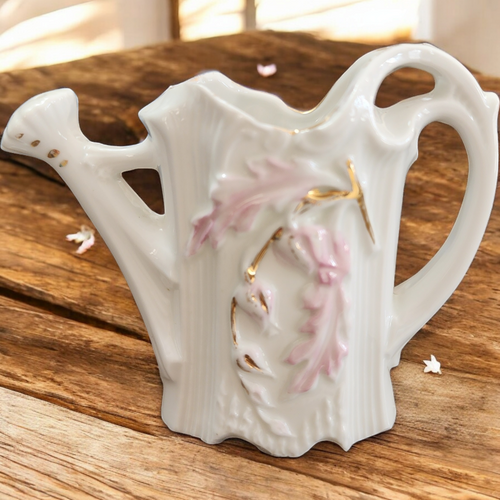 Vintage Bavarian Porcelain Miniature Watering Can Vase with Pink and Gold Floral Design