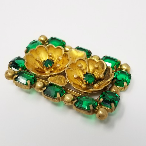 Vintage Czechoslovakia Signed Floral Rectangular Brooch with Green Crystals in Gold Tone