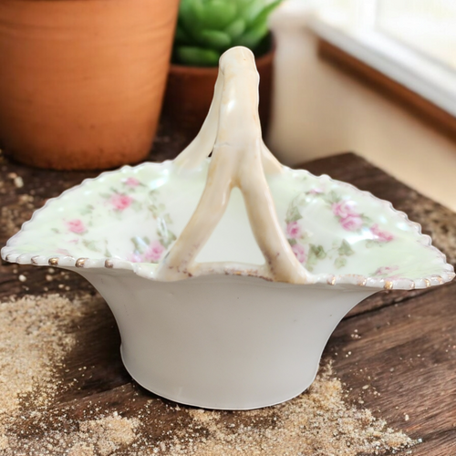 Porcelain Basket with Floral Design and Scalloped Edge