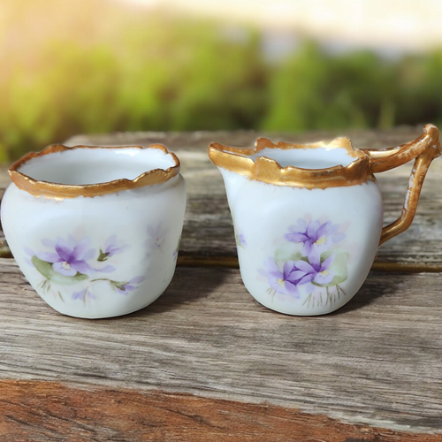T&V Limoges France Hand-Painted Floral Design with Gold Accents Creamer & Sugar Set