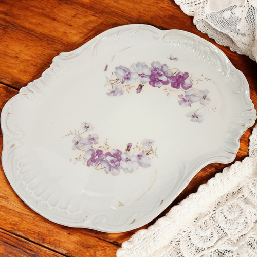 Antique Floral Porcelain Purple Pansies with Ornate Embossed Details Serving Platter