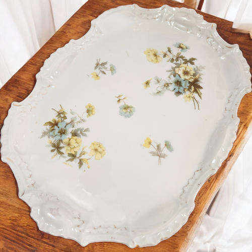 Antique Floral Porcelain Yellow and Blue Flowers with Ornate Embossed Details Serving Platter