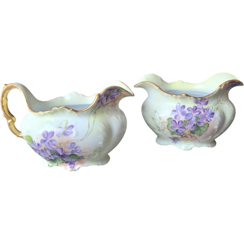 Antique Hand-Painted Creamer & Sugar Set with Purple Violets and Gold Trim