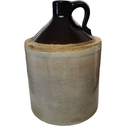 Antique American Pottery Stoneware Two-Tone Brown Glazed Top Crock Jug with Handle