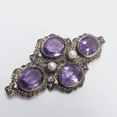 12K Gold Filled Victorian Style Cultured Pearl and Amethyst Colored Glass Crystal Brooch Pin