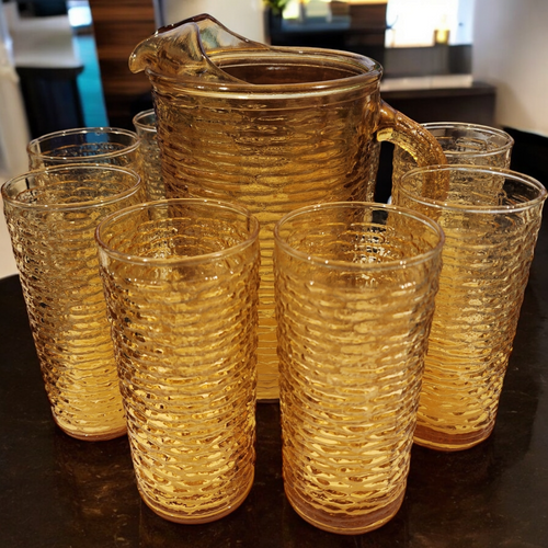 Anchor Hocking Soreno Gold Pressed Bark Design Optic Glassware Set