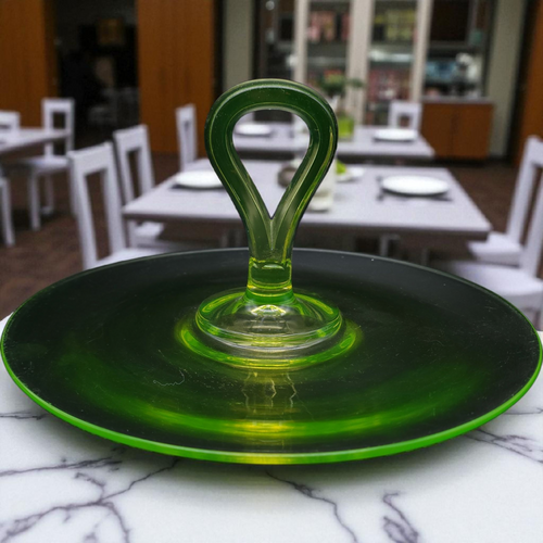 Vintage Uranium Green Depression Glass Tidbit Tray Loop Handle, 1930s