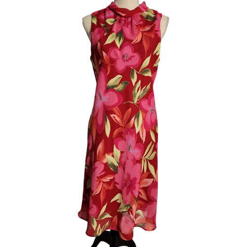 Vintage 1990s K Petite Red Floral Sleeveless Midi Dress  Made in USA