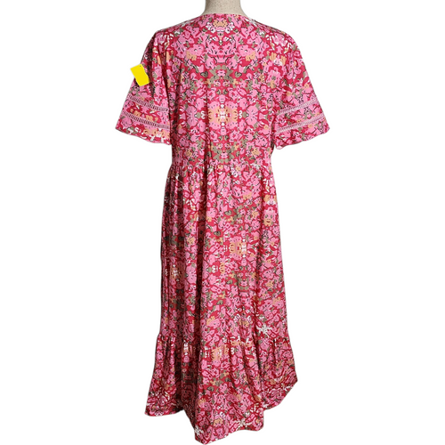 Pink Floral Boho House Dress with Scalloped Neckline & Crochet Trim  Cottagecore Maxi Lounge Dress
