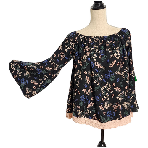 Liatelo Black Boho Floral Off-Shoulder Peasant Blouse with Bell Sleeves & Crochet Hem | Size L