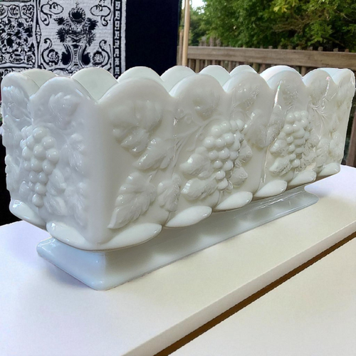 Authentic Westmoreland Milk Glass Box Planter | Embossed Grapes & Leaves | Mid Century Retro Kitchen or Table Décor