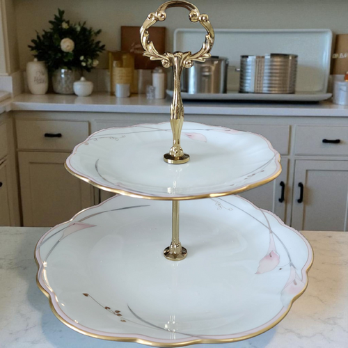 Vintage Mikasa Bellamy Bone China 2-Tier Serving Tray Pink Lily Floral & Gold Trim  Made in Japan