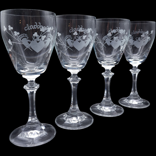 Set of 4 Vintage Duiske Glass Claddagh Crystal Goblets  Irish Shamrock Etched Wine Glasses