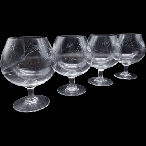 Set of 4 Vintage Etched Crystal Brandy Snifters  Wheat Grass Pattern Mid Century Barware