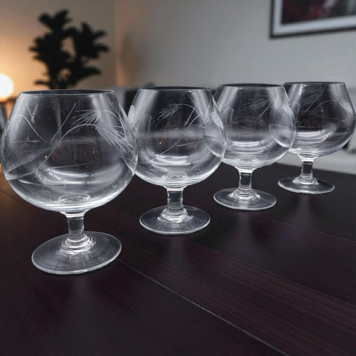 Set of 4 Vintage Etched Crystal Brandy Snifters  Wheat Grass Pattern Mid Century Barware