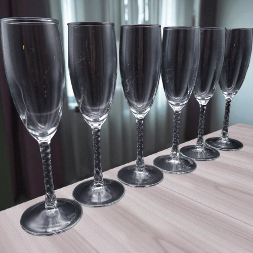 Set of 6 Fleury Cristal D’Arques Durand Champagne Flutes Twisted Stem French Lead Crystal