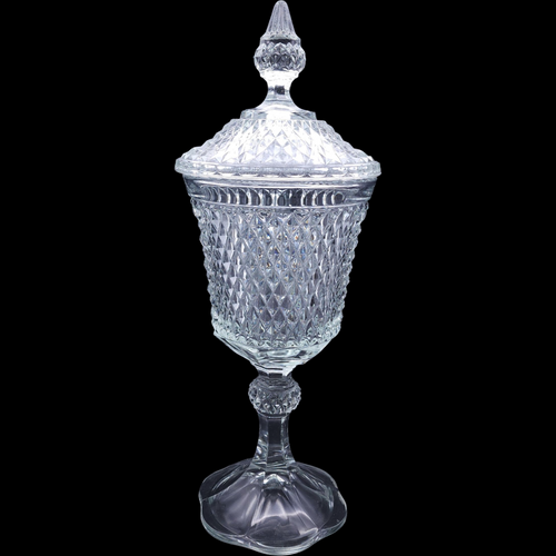 Indiana Glass Diamond Point Clear Pedestal Candy Dish Footed Urn & Lid with Lid Mid Century