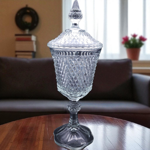 Indiana Glass Diamond Point Clear Pedestal Candy Dish Footed Urn & Lid with Lid Mid Century