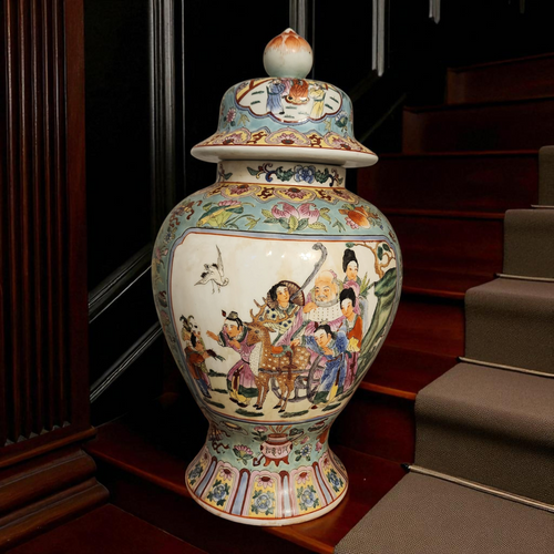 A Large Chinese Famille Rose Covered Jar Hand-Painted in Macau Mid-20th Century