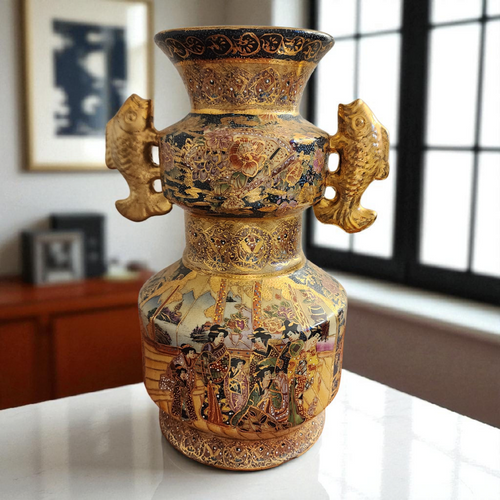 Vintage Chinese Satsuma Vase Hand Painted Porcelain with Gilt & Geisha Scene Mid-20th Century