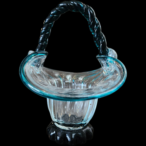 Vintage Hand Blown Glass Basket with Twisted Handle  Clear & Aqua Blue Rim with Dark Base  Murano Style Mid-Century Art Glass
