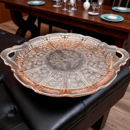 Jeannette Cherry Blossom Pink Depression Glass Handled Tray
