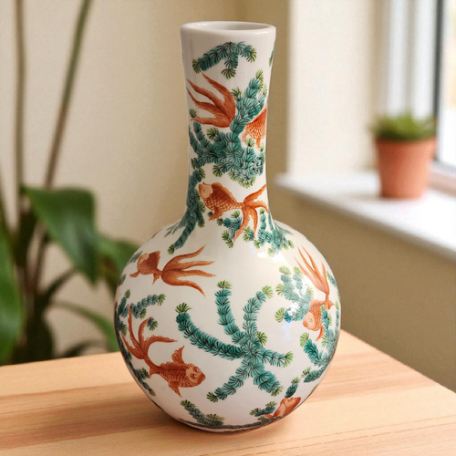 Chinese Porcelain Vase with Goldfish and Pine Motif Hand-Painted
