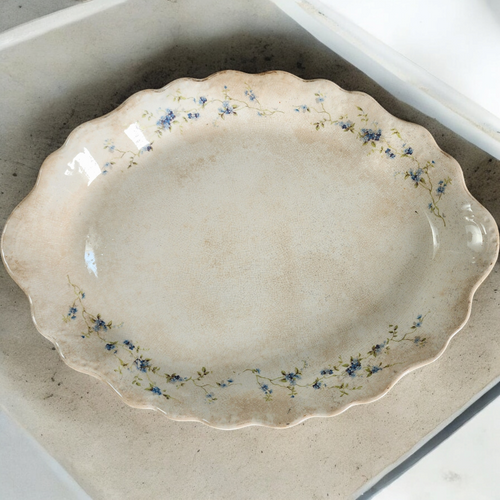 Antique Buffalo Pottery Oval Platter Scalloped Rim with Blue Floral Sprays, Early 1900s