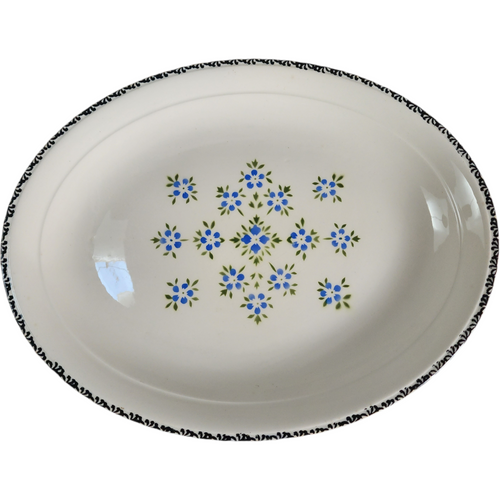 Vintage Limoges USA Ceramics Oval Serving Platter Blue Daisy Floral with Black Scroll Rim, Mid-Century