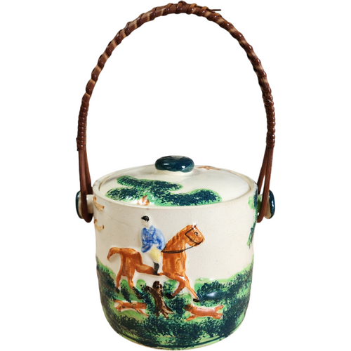 Vintage Hand-Painted Ceramic Biscuit Jar with Lid & Wicker Handle Fox Hunting Scene