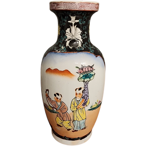 Vintage Chinese Porcelain Vase Hand-Painted Enamel Famille Style Children & Lotus Scene