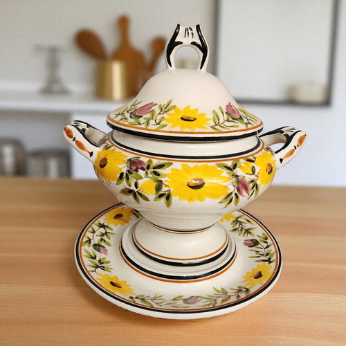 Vintage Portuguese S.A. Leart Ceramic Tureen with Lid & Underplate Pand-Painted Sunflowers