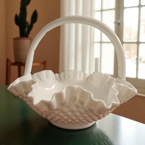Vintage Fenton Hobnail Milk Glass Basket with Ruffled Edge & Handle  11 Inch