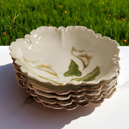 Antique German Porcelain Berry Bowls Set of 5 Hand Painted Floral with Gold Trim Scalloped Edge