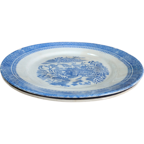 Antique E. & C. Challinor Blue Willow Transferware Plates  Pair of 9” Staffordshire England Plates, Circa 1850s Victorian